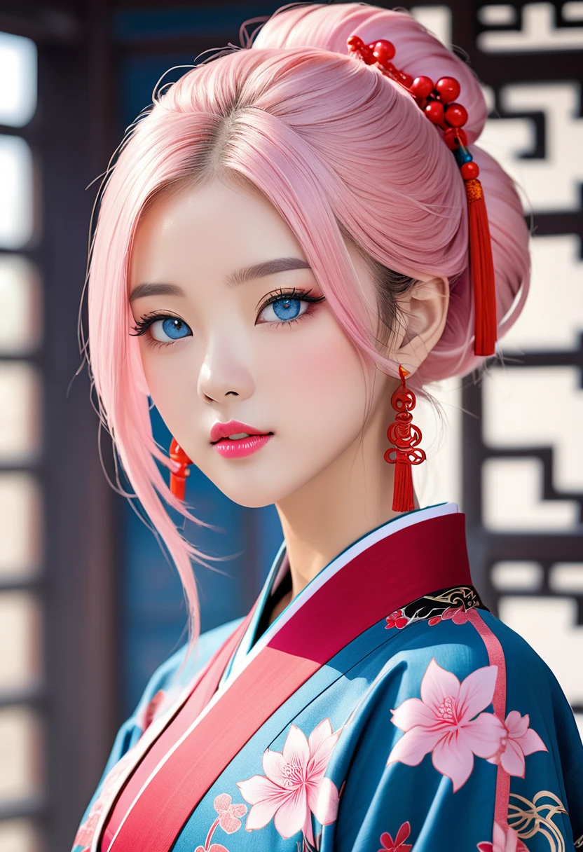 Young woman, light pink hair without bangs, thin pink lips, bright blue eyes Ancient Asian clothing style, ancient china style