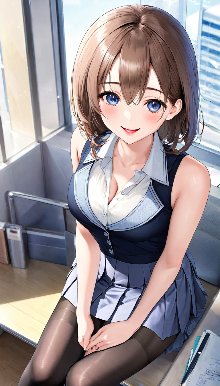 (((masterpiece))),(((High resolution)))、(((8K quality)))、(((perfect face)))、(((Beautiful office woman))), ((sleeveless)), tights, skirt, look at the camera, ((top quality eyes)), detailed face, (detailed texture), look at the camera, big,cleavage,lipstick,Smile
