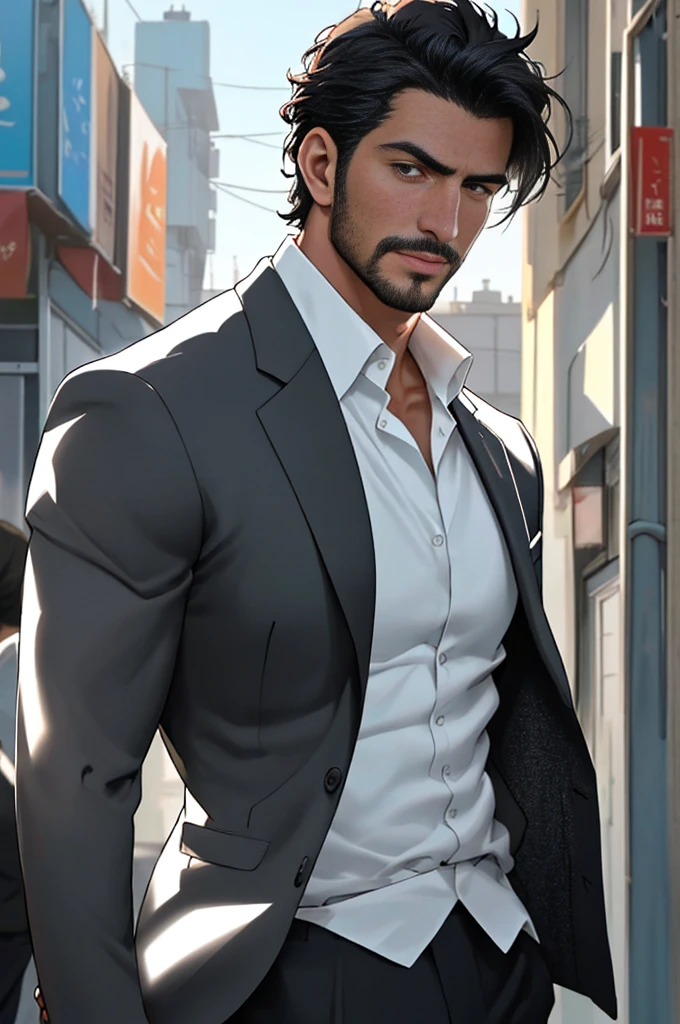 Tall male, mid thirties, athletic muscular body, handsome, gentleman, Turkish man, dark well-fitted suit with white shirt, ultra detail, 8 k, realistic anime style photo, rugged face, handsome face, stubble, black hair, short hair, styled hair, photo, solo shot, waist shot, cinematic light, cinematic color, social, remarkable, mysterious