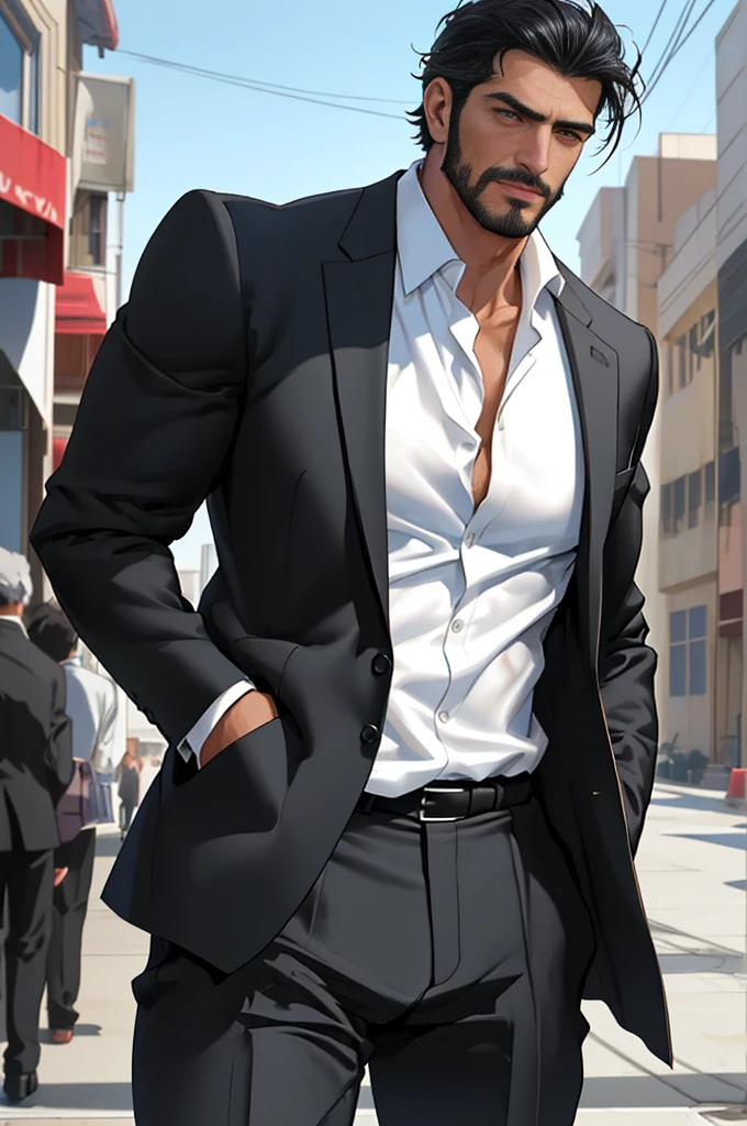 Tall male, mid thirties, athletic muscular body, handsome, gentleman, Turkish man, dark well-fitted suit with white shirt, ultra detail, 8 k, realistic anime style photo, rugged face, handsome face, stubble, black hair, short hair, photo, solo shot, waist shot, cinematic light, cinematic color, social, remarkable, serious