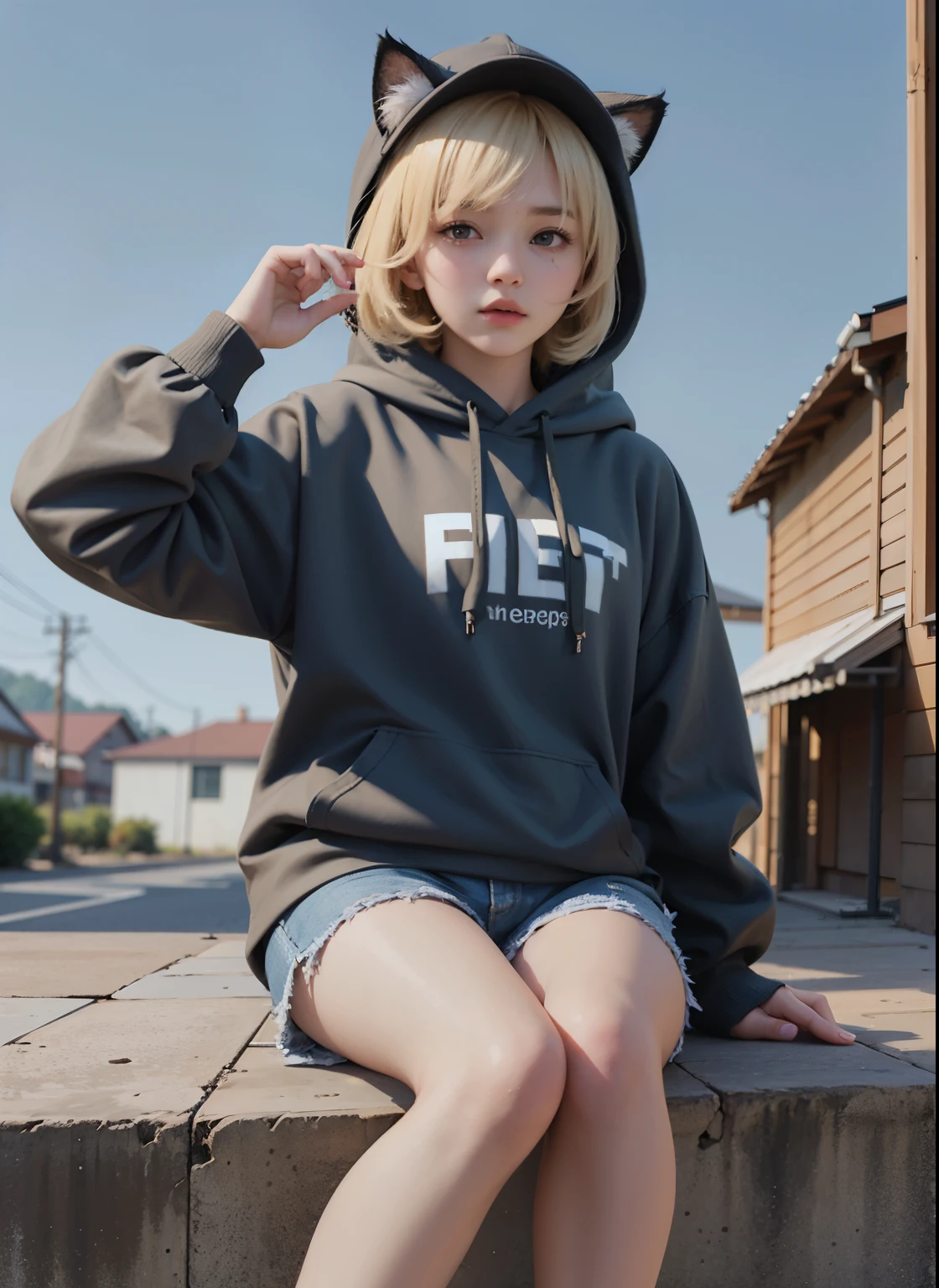 18 YEAERS OLD, 168 cm height, young girl, FULL BODY, (masterpiece), (highest quality), (illustration), (super detailed), (high resolution), absurdity, one girl, short hair, hair clip, (oversized hoodie with cat ears), black hooduie, wearing a hoodie hat, moe sleeves, blush, (wears casual shorts), (blonde), very cute girl, small, young, delicate, Outdoors, attention to girls