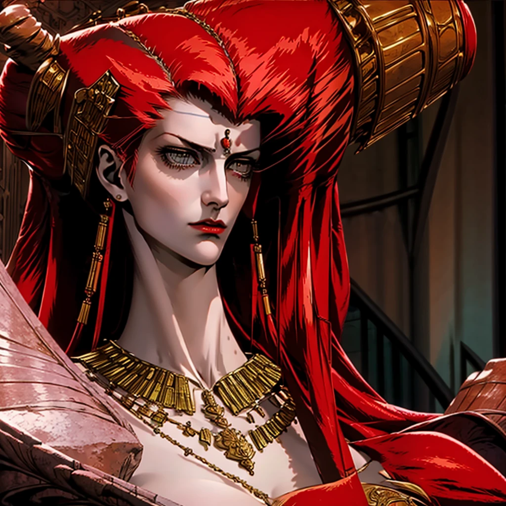Naked,large breasts,looking at her side profile,beautiful face,long slender body,in her tomb,necklace,long dense curls of red hair,shocked and surprised, red skin, bloody
