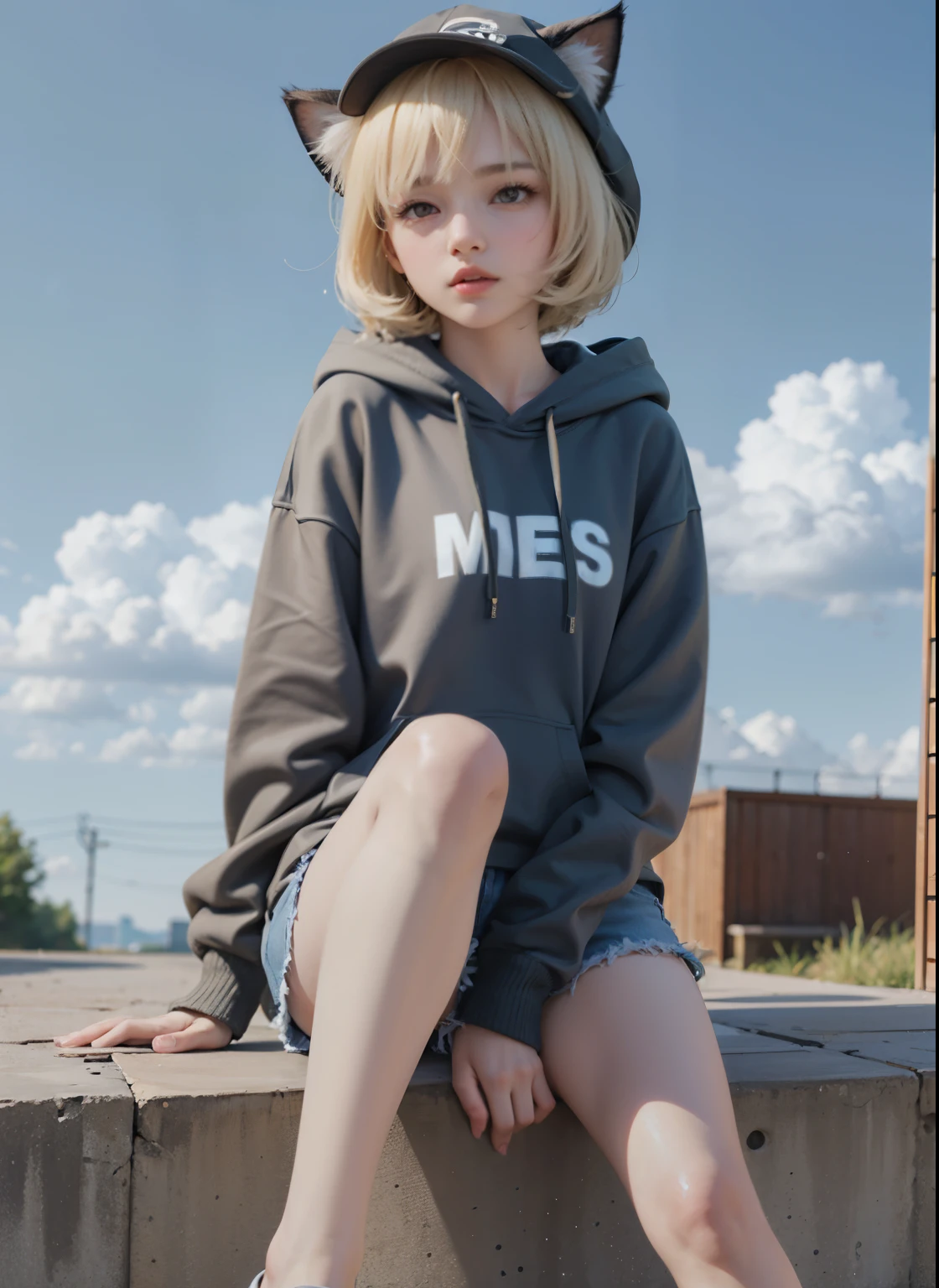 18 YEAERS OLD, 168 cm height, young girl, FULL BODY, (masterpiece), (highest quality), (illustration), (super detailed), (high resolution), absurdity, one girl, short hair, hair clip, (oversized hoodie with cat ears), black hooduie, wearing a hoodie hat, moe sleeves, blush, (wears casual shorts), (blonde), very cute girl, small, young, delicate, Outdoors, attention to girls