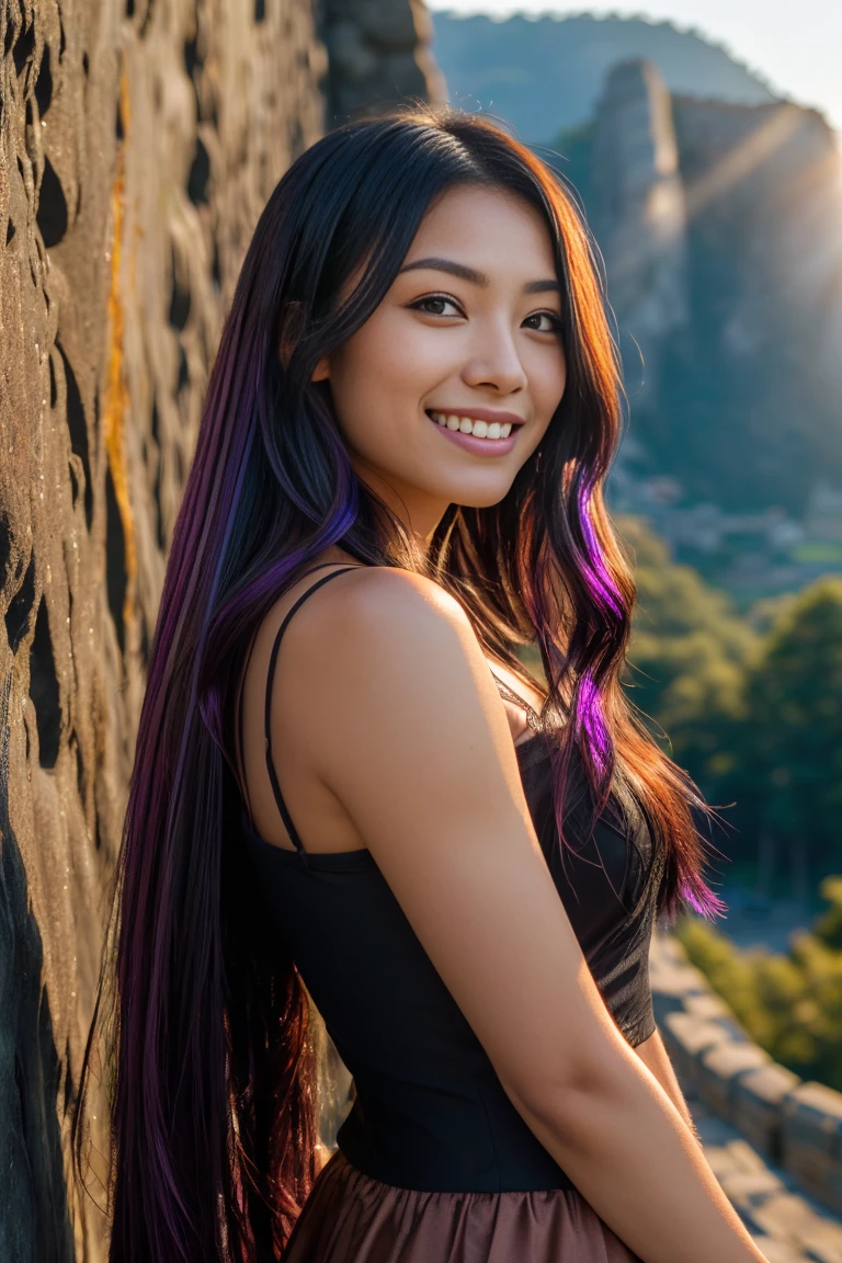 arafed woman with long black hair with purple highlights, flowing long black hair with, with black hair, photo of a beautiful woman, long flowing black hair, black golden hour, curly black hair, beautiful young asian woman, beautiful asian woman, wild ginger hair, pink wispy hair, light black hair, a young asian woman, an asian woman, infp young woman, Portrait photo of a 24-year-old french girl in RAW UHD format (Brown-eyed woman), Details (textures! , Hair! , glistering, Color!! , imperfections: 1.1), highly detailed glossy eyes (looking at the camera), DSLR Lighting, SLR camera, Ultra-Quality, sharpness, Depth of field, Film grain , Fujifilm XT3, Crystal clear, Frame Center, beautiful face, sharp-focus, bokeh (sunlight), (open sky), detailed skin pores, oilly skin, suntan, Complex eye details, (((smiling))), standing on the (((chinese wall)))