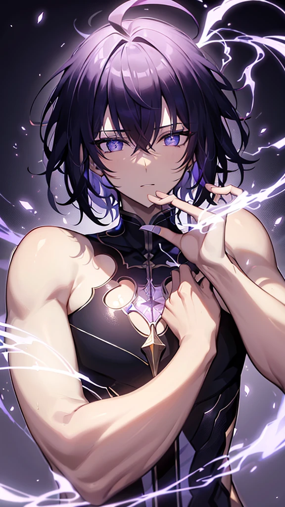 homem artista marcial,olhos azuis,meditando,foco masculino,olhando para o espectador,6+Rapazes,brilhante,tema roxo,brilhante eyes,cabelo roxo claro,1 ,boca fechada,cabelo curto,mascarar,
