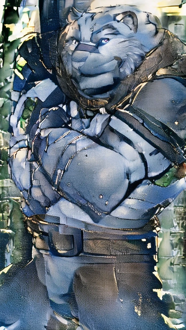 Mercenary, in the light. 4k, high resolution, best quality, perfect colors, perfect shadows, perfect lighting, posted on e621, furry body, solo, man, adult, bare chest, male, (very muscular, Grey-White, heavyweight, strong chest:1.2) , correct anatomy, (photorealistic fur, detailed fur, epic, masterpiece: 1.2), (background of a light fantasy world, trees, black sky, day, cold), (author Taran Skripach, author Chuni, author Traver009, author wfa:1.1) , (nudity: 1.2), (detailed eyes, purple eyes: 1.2), (half body: 1.1), serious face, strong posture, (large scars on the body, scars on the face: 1.1), visible breathing, erect penis, big penis, big penis, (veins, vessels: 1,2), proud, soft shadows, (crossed arms: 1,2), look at viewer, dirty fur, rough
