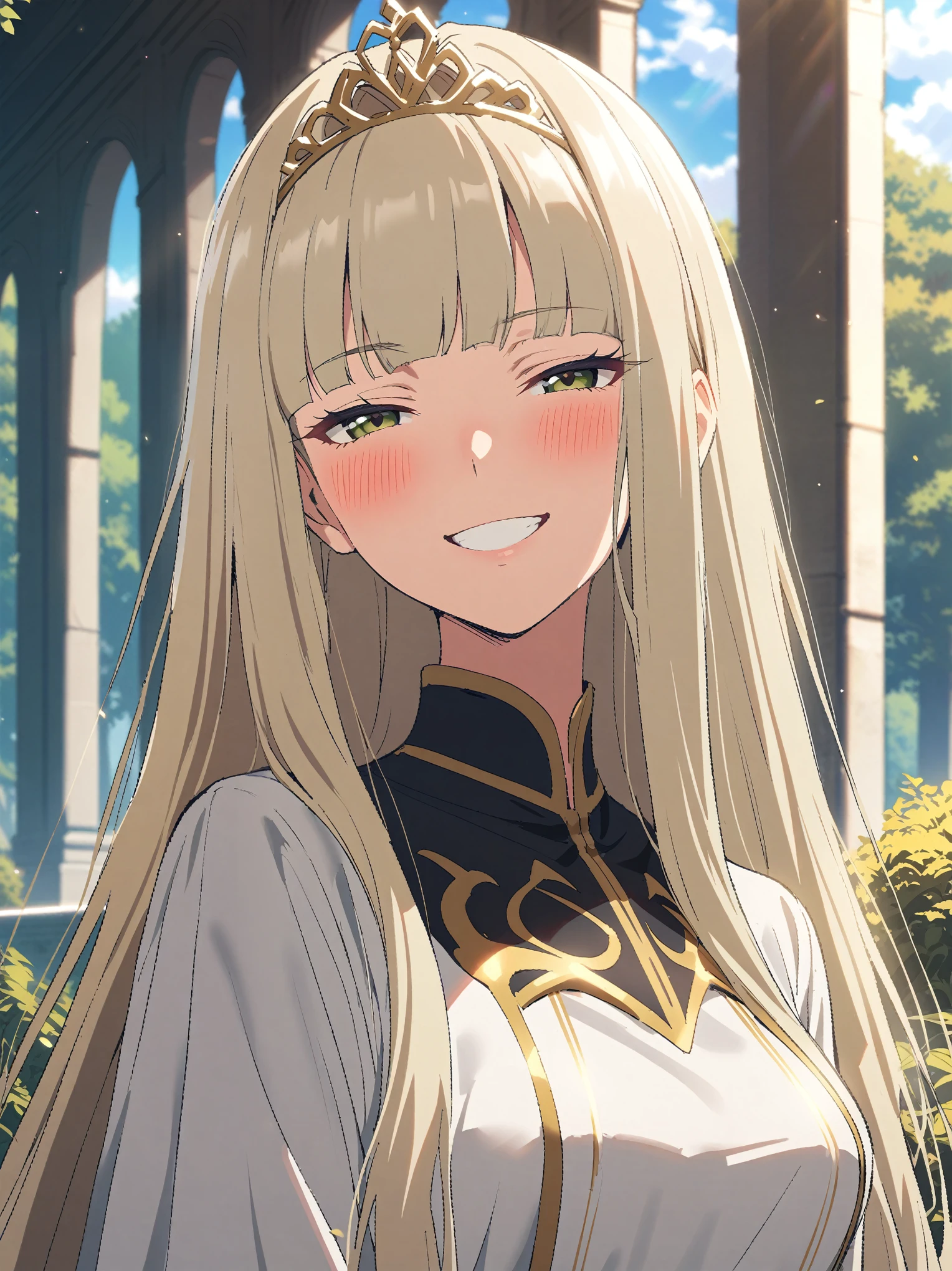 {{portrait, face focus}} {{Artist: Sincos}} 1 woman, solo, mature female, elegant, princess, medium breasts, platinum blonde hair, long hair, straight hair, hime cut, green eyes, white dress, gold trim, tiara, looking at viewer, blush, bright smile, teeth, half-closed eyes, outdoors, garden, palace, sunny, window.