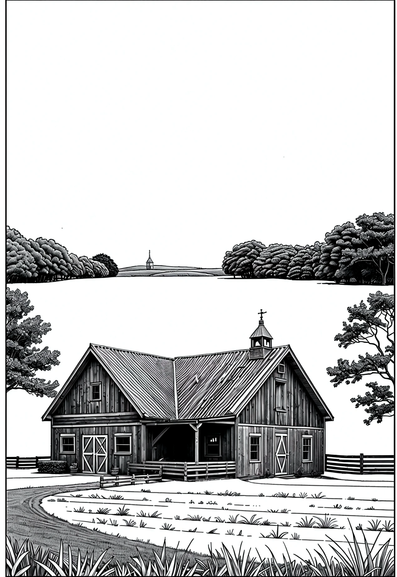 grey and white only, Book page coloring art, All-white background, Use only outlines, line art, coloring book, Clean line art, For coloring Simple and clean line art, coloring book page, perfect symmetric details, Farm Animals: A pastoral scene with horses grazing in a field, with a red barn in the background.

