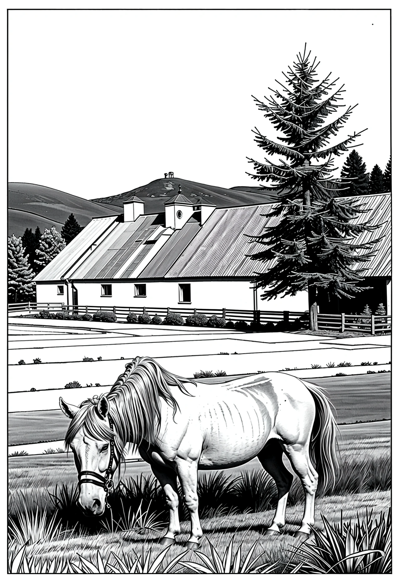 grey and white only, Book page coloring art, All-white background, Use only outlines, line art, coloring book, Clean line art, For coloring Simple and clean line art, coloring book page, perfect symmetric details, Farm Animals: A pastoral scene with horses grazing in a field, with a red barn in the background.