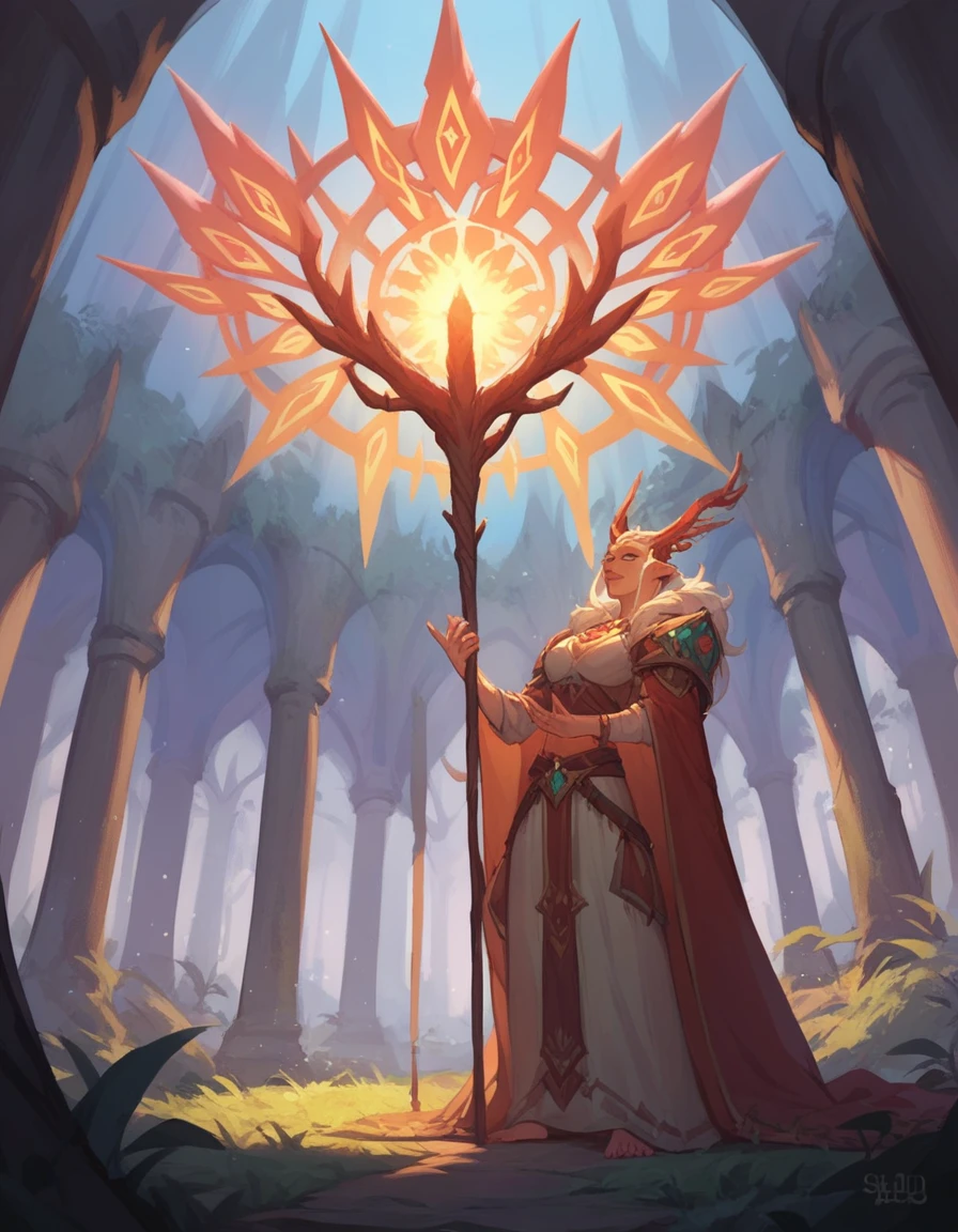 Powerful mage, sheild aura spell, standing over altar, mythical forest backround
