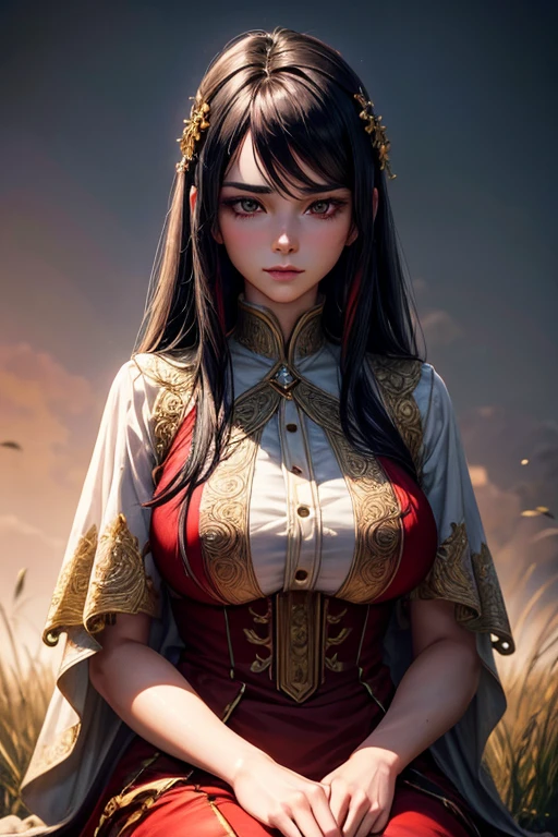 A tall girl with black hair with red highlights, with a sweet and kind face, with an hourglass figure, wearing a country dress, sitting in the meadows, portrait, highly detailed, hyper realistic, 8k, unreal engine, cinematic lighting, dramatic lighting, glowing skin, beautiful detailed eyes, beautiful detailed lips, extremely detailed eyes and face, long eyelashes, intricate details, photorealistic, masterpiece, sharp focus, ultra fine details, vibrant colors, natural lighting, golden hour, cinematic depth of field, ethereal, elegant, graceful, serene, tranquil, peaceful