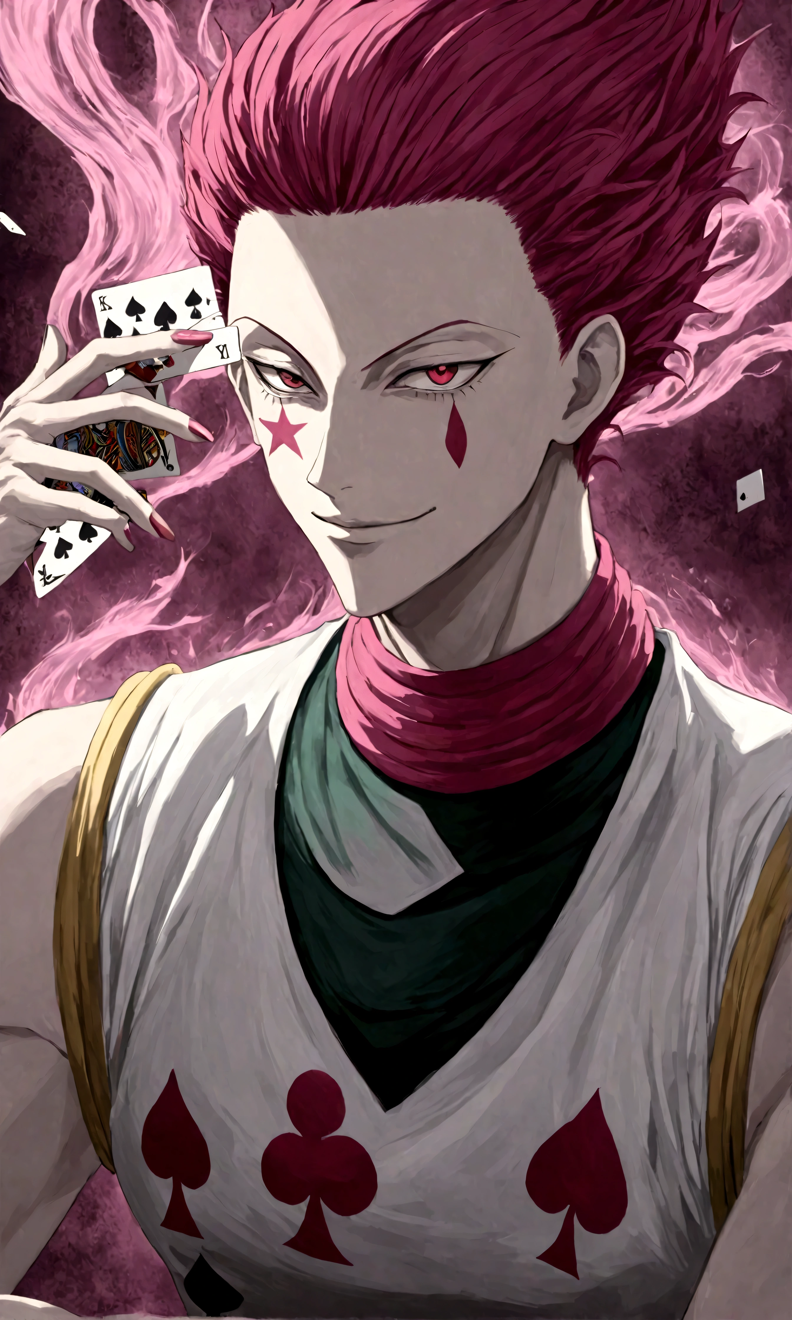 Hisoka/(HunterxHunter/), Face painting, playing cards around Hisoka, (flying playing cards:1.4), swirling playing cards, (from side:1.3), looking at camera, (Hisoka's aura becomes artistic background:1.3)