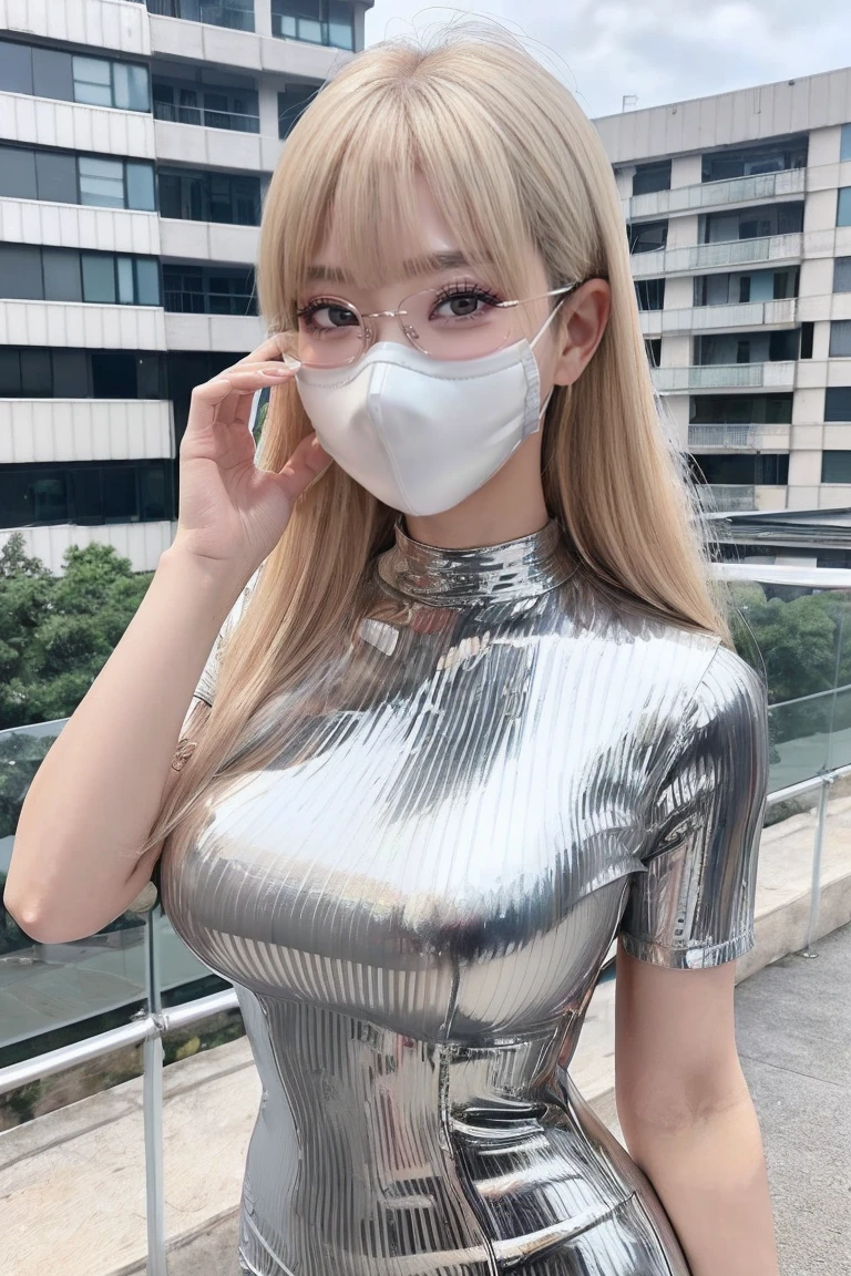 Taiwanese idols 50 years old Blonde with bangs ((Rimless glasses)) Big eyes Smokey makeup black mascara Big Breasts ((White Face Mask)) On the roof of a building in clear weather ((Super shiny metallic bodycon dress with sponsor's lettering)) ((Enamel Knee High Boots)) Glamorous and curvy figure masterpiece 8k Squat with your legs apart Drawn from below Armpit Hands behind head