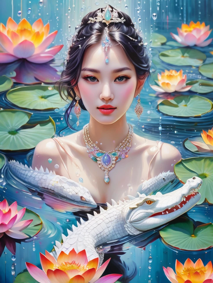 karina aespa, a women, white crocodile, lake, lotus, Colorful colors, surrounded by water bubbles, in the style of Kawacy, Masterpiece, Oil painting drawn in realis style, head close - up, exaggerated perspective, Tyndall effect, water drops, mother - of - pearl iridescence, Holographic white,