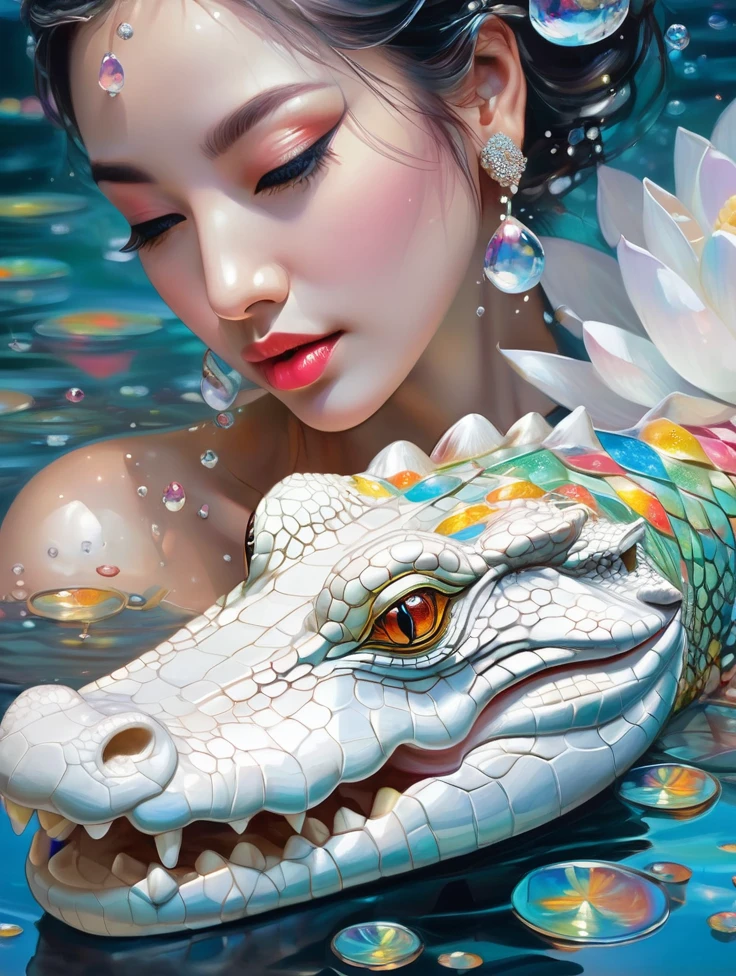 karina aespa, a women, white crocodile, lake, lotus, Colorful colors, surrounded by water bubbles, in the style of Kawacy, Masterpiece, Oil painting drawn in realis style, head close - up, exaggerated perspective, Tyndall effect, water drops, mother - of - pearl iridescence, Holographic white,