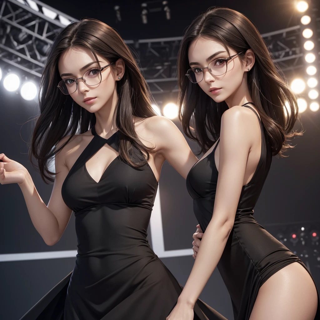 (((to: 1.4, better quality: 1.4, 8K,))), ultra high resolution, Physically based rendering, portrait, Very beautiful woman, 38 years, big, detailed eyes in square glasses; symmetric, well focused eyes, detailed eyebrow thinning, locks in the eyes, (half-styled dark brown hair, Band, hair floats in zero gravity), highly detailed face and skin texture., small dimple on the face without makeup, easy focus: 1,2, small mouth with side lip; perfect style body, slender beauty: 1,4, ((Normal breast) ), thin belly, slim waist, clear facial features, (radiant facial expression: 1,3, looking at the right side of the stage: 1,2), (long black dress, big shoulders: 1,6, small front cutout: 1,8), feet in front of each other: 1,4, (open part: 1,4, bald: 1,5), (((It&#39;s locked inside a simple clear glass bottle.))), ((Many bright and colorful particles are flying.: 1,5, with backlight) ), (((unique dark background:1.3)), Front view of the stage close up in high relief.; detalhes em 8K; Precision in detail; alcohol based ink, bright colors, perspective view, centralized, lines in perspective; Wood Splash; high contrast dark colors; The main theme of the image is a woman wearing glasses and a sunset in the background..., reflection in the sea of a beach with clean sand and colorful stones; bright and clear colors; This breathtaking scene is captured in great detail.., realistic image, where every brush stroke conveys dynamic energy and otherworldly beauty., professional photography, Modern style, ink and watercolor paintings. The richness of colors and depth of detail immerse viewers in a mesmerizing spectacle, beyond reality..large open breasts, transparent clothes, naked girl, Big Tits, realistically..