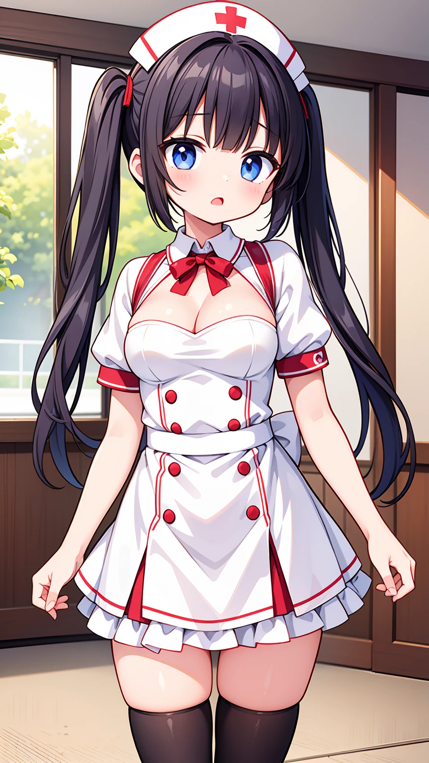 masterpiece, best image quality, ultra high resolution, (loli girl with very small breasts), twin tail hairstyle, black hair, red face, shyly, mock, Open your mouth just a little, (A short-sleeved white nurse uniform that shows the cleavage of a loli girl), (white thigh high socks for loli girls), well-shaped lower body, nurse cap, Inside the hospital
