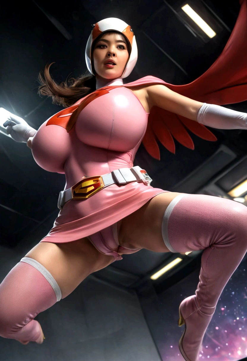 A girl in pink Gatchaman costume, miniskirt, long boots, long gloves, standing, one leg up, detailed face, H3JTS, giga_busty, best quality, 4k, 8k, highres, masterpiece:1.2, ultra-detailed, realistic, photorealistic, photo-realistic:1.37, HDR, UHD, studio lighting, ultra-fine painting, sharp focus, physically-based rendering, extreme detail description, professional, vivid colors, bokeh, concept art, dildointhong, from below