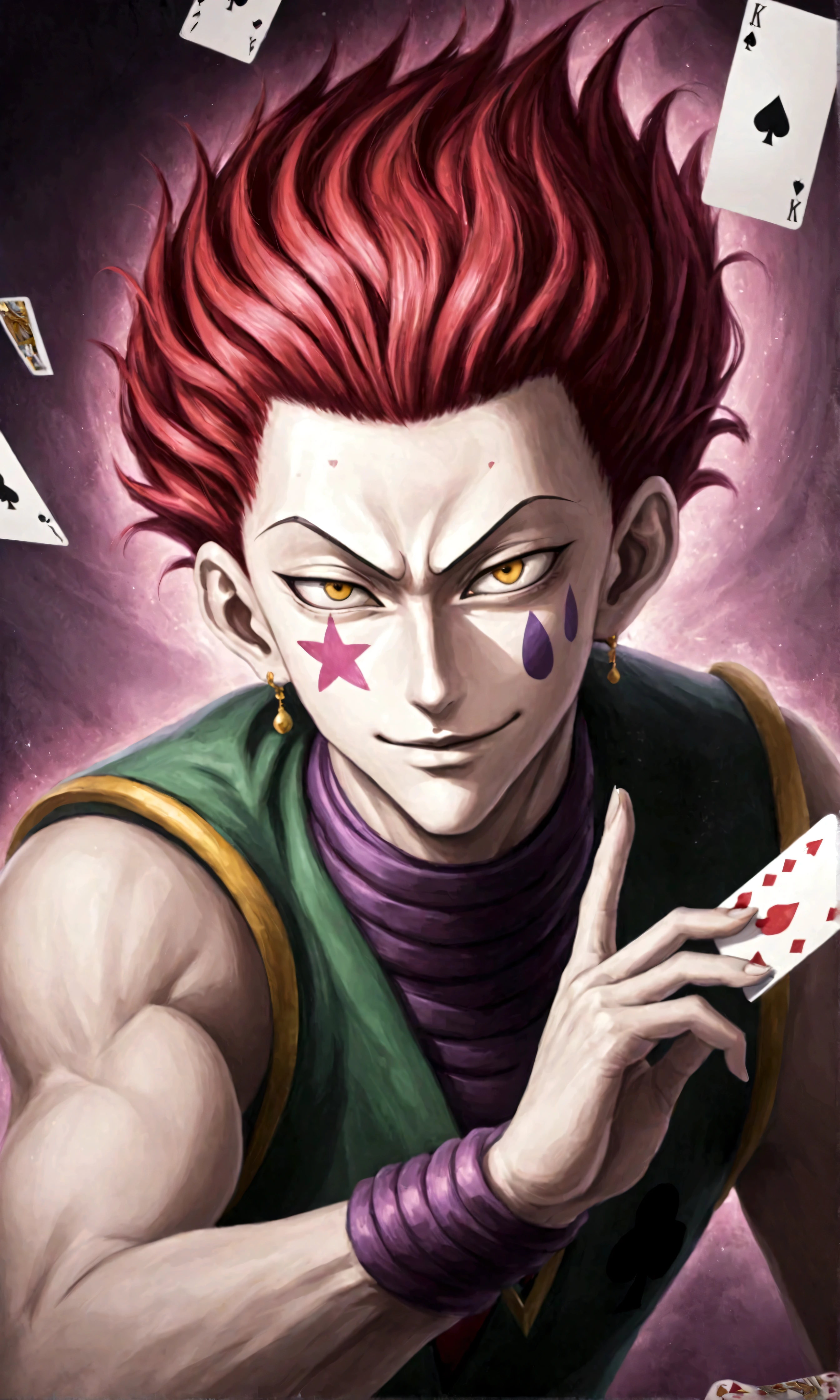 Hisoka/(HunterxHunter/), Face painting, playing cards around Hisoka, (flying playing cards:1.4), swirling playing cards, (from side:1.3), looking at camera, (Hisoka's aura becomes artistic background:1.3)