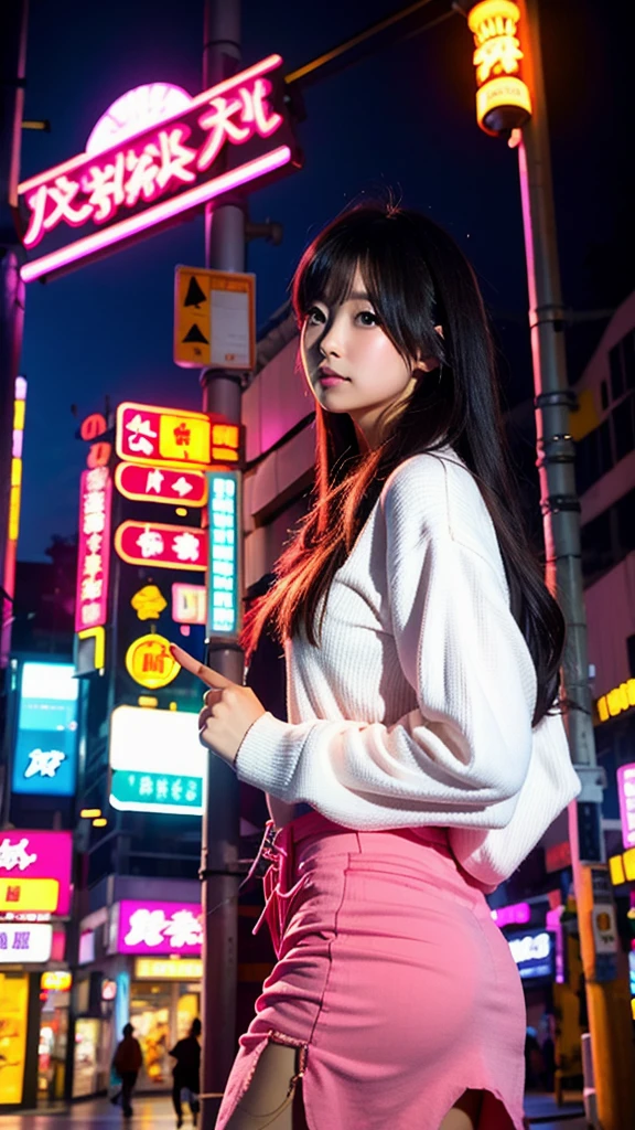 middle finger、ring finger、Pinky、Asian shopping street at night、Neon Signs、Cyberpunk World
