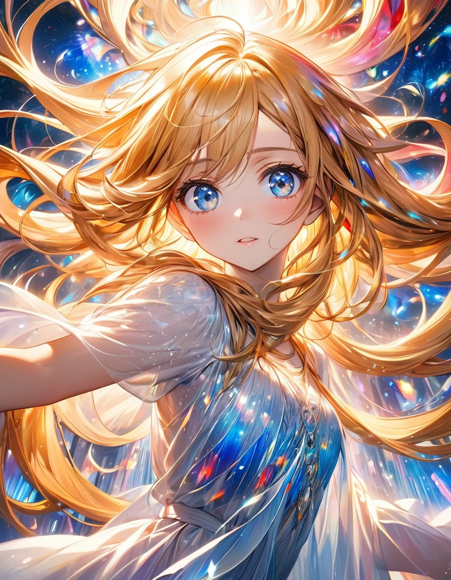 In a mesmerizing cascade of color and light, an enchanting anime girl candroites viewers with her ethereal beauty. Her delicate features are framed by cascading locks of shimmering long golden hair, her wide, expressive eyes big BLUE red radiating with emotion. A digital painting brings this stunning character to life, depicting her in intricate detail with a seamless blend of realism and fantasy. Every brushstroke and pixel showcases the artist's skill and dedication, making this image a