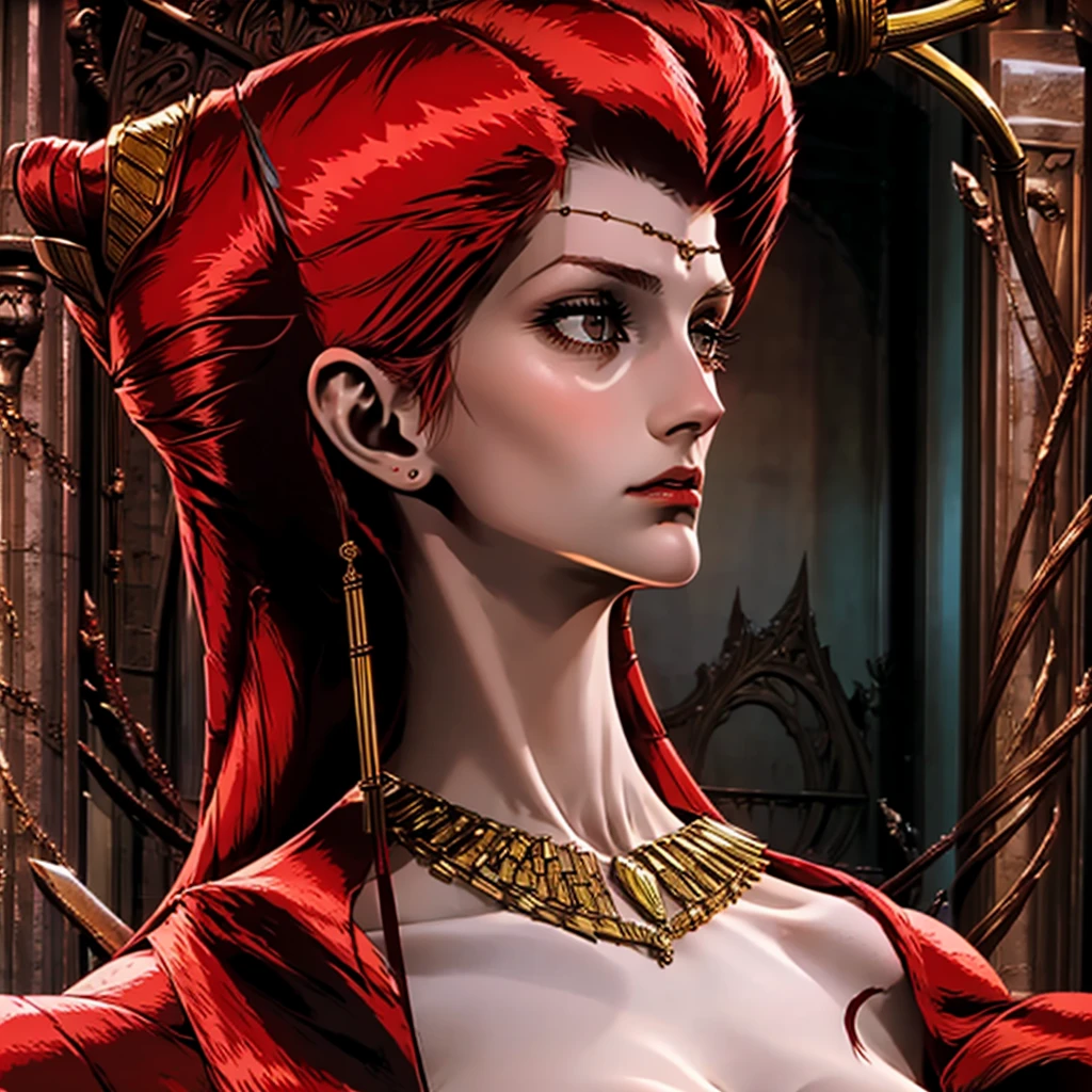 Naked,large breasts,looking at her side profile,beautiful face,long slender body,in her tomb,necklace,long dense curls of red hair,shocked and surprised, red skin, bloody