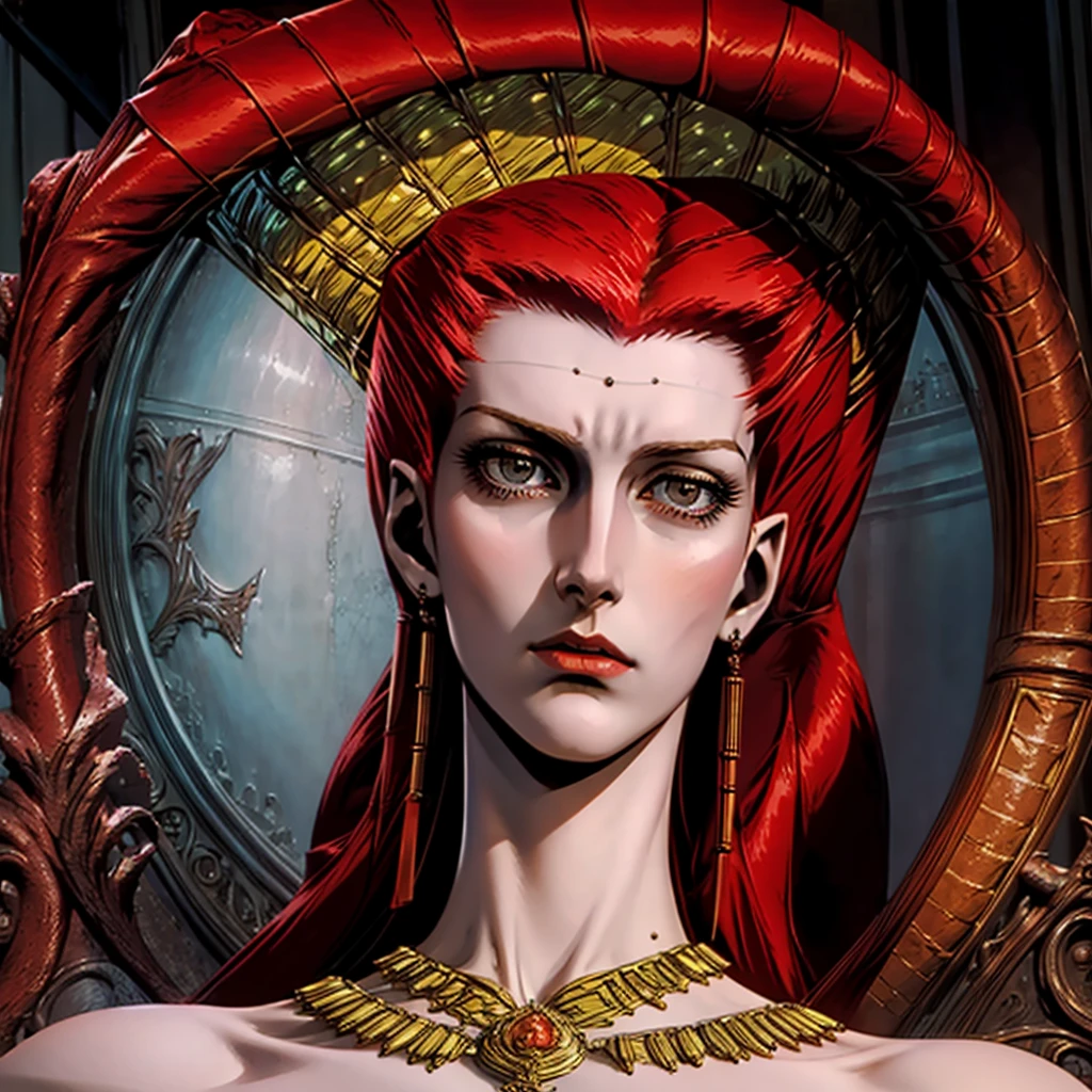 Naked,large breasts,looking at her side profile,beautiful face,long slender body,in her tomb,necklace,long dense curls of red hair,shocked and surprised, red skin, bloody