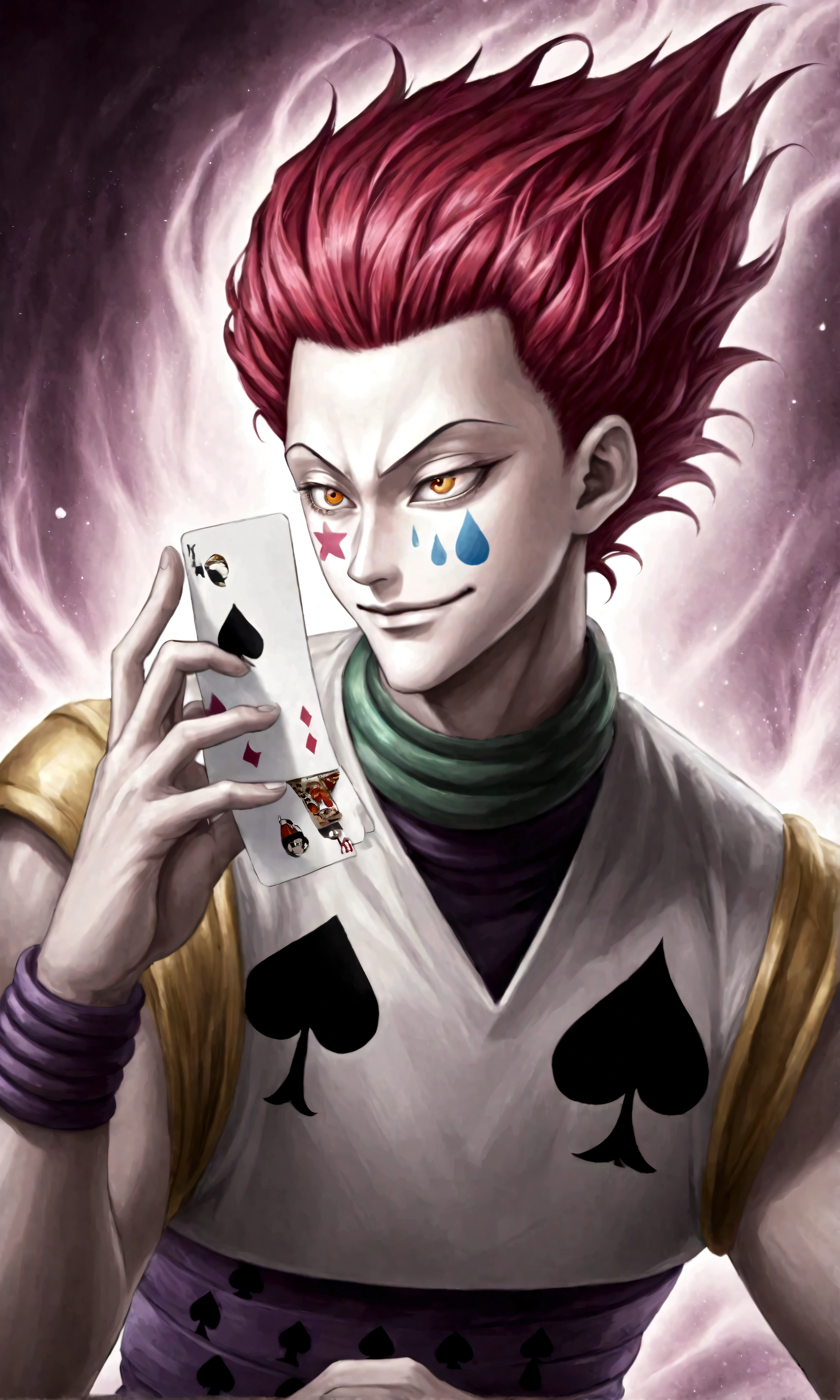 Hisoka/(HunterxHunter/), Face painting, playing cards around Hisoka, (flying playing cards:1.4), swirling playing cards, (from side:1.3), looking at camera, (Hisoka's aura becomes artistic background:1.3)