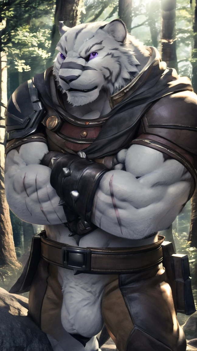 Mercenary, in the light. 4k, high resolution, best quality, perfect colors, perfect shadows, perfect lighting, posted on e621, furry body, solo, man, adult, bare chest, male, (very muscular, Grey-White, heavyweight, strong chest:1.2) , correct anatomy, (photorealistic fur, detailed fur, epic, masterpiece: 1.2), (background of a light fantasy world, trees, black sky, day, cold), (author Taran Skripach, author Chuni, author Traver009, author wfa:1.1) , (nudity: 1.2), (detailed eyes, purple eyes: 1.2), (half body: 1.1), serious face, strong posture, (large scars on the body, scars on the face: 1.1), visible breathing, erect penis, big penis, big penis, (veins, vessels: 1,2), proud, soft shadows, (crossed arms: 1,2), look at viewer, dirty fur, rough