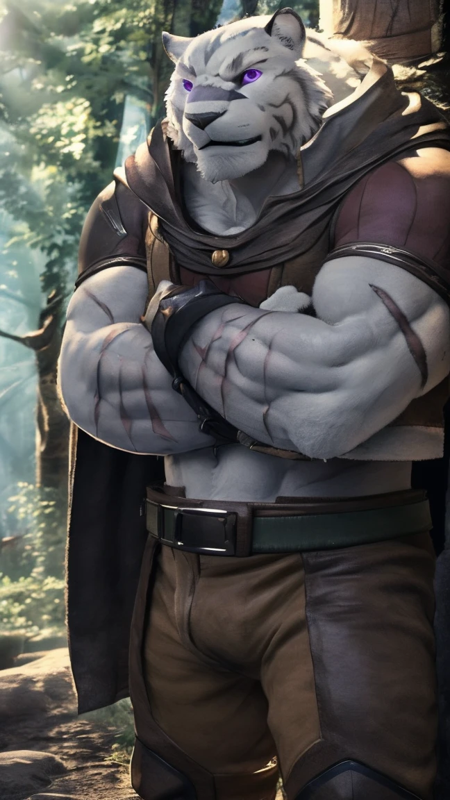 Mercenary, in the light. 4k, high resolution, best quality, perfect colors, perfect shadows, perfect lighting, posted on e621, furry body, solo, man, adult, bare chest, male, (very muscular, Grey-White, heavyweight, strong chest:1.2) , correct anatomy, (photorealistic fur, detailed fur, epic, masterpiece: 1.2), (background of a light fantasy world, trees, black sky, day, cold), (author Taran Skripach, author Chuni, author Traver009, author wfa:1.1) , (nudity: 1.2), (detailed eyes, purple eyes: 1.2), (half body: 1.1), serious face, strong posture, (large scars on the body, scars on the face: 1.1), visible breathing, erect penis, big penis, big penis, (veins, vessels: 1,2), proud, soft shadows, (crossed arms: 1,2), look at viewer, dirty fur, rough