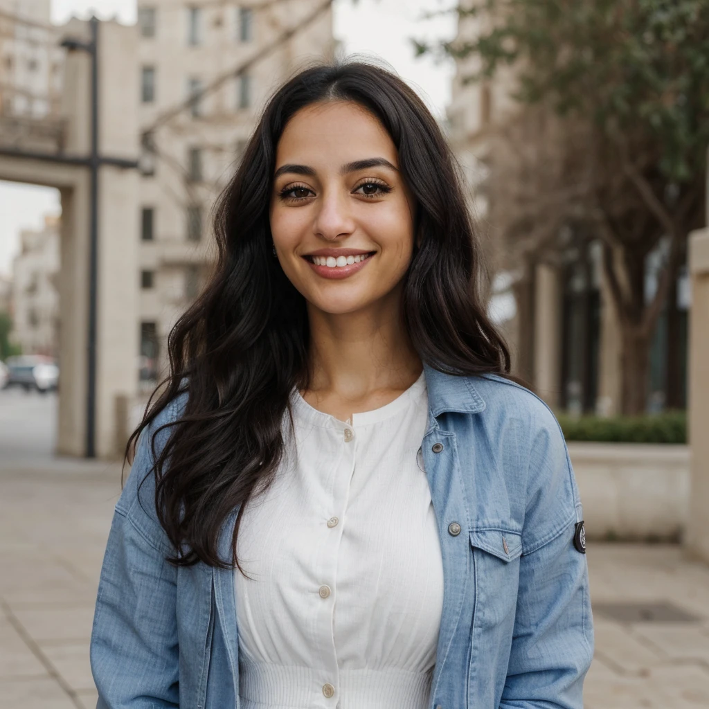 one cute women, 29YO, white, Arab, cute face, realistic brown eyes, blue jacket, black hair, cute smile, skinny face, white realistic teethes, big eyes, long wavy hair
