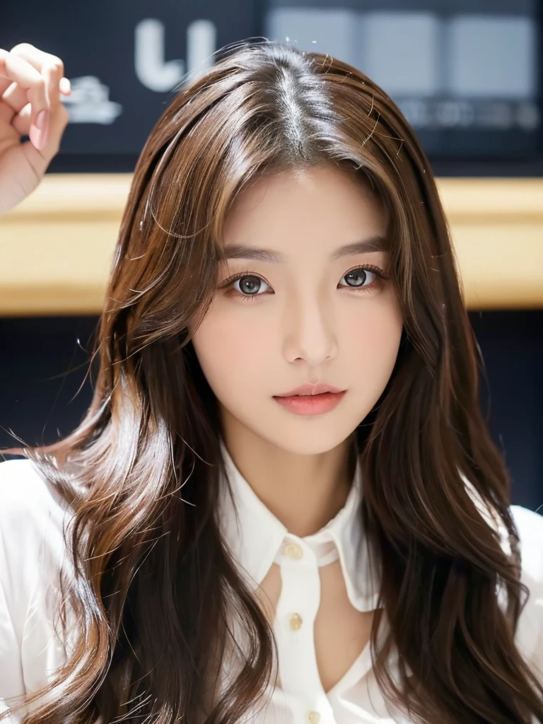 Han Julie is a young Korean woman in her 30s. Her hair is long and wavy in a dark blonde colors.
Her face is oval and marked by her large brown eyes, which carry a cold, unexpressive face. Her skin is radiant and clear, presenting an impeccable state of health and her curved lips.
Her height is medium, her body athletic and defined, with the most charming and provocative. It contrasts and matches their personalities.
She is in her office at the company wearing a navy jeans and white shirt.