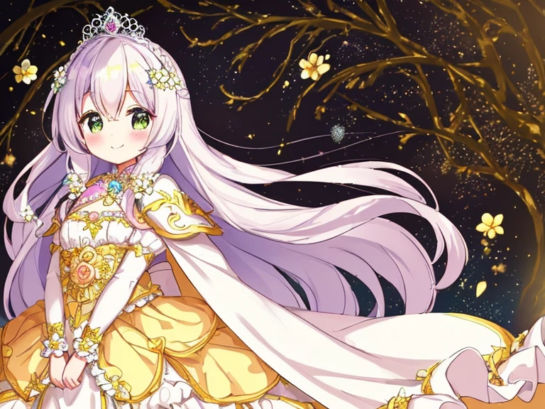 looking at viewer,(kawaii),(best quality),(ultra detailed), upper body,(rococo style),(long train pastel yellow cape:1.15), very long cape,(long train white ball gown with flower decorations:1.1), a girl is wearing a cape over her gown, 1 little princess, tiara, smile, very long hair, small breasts