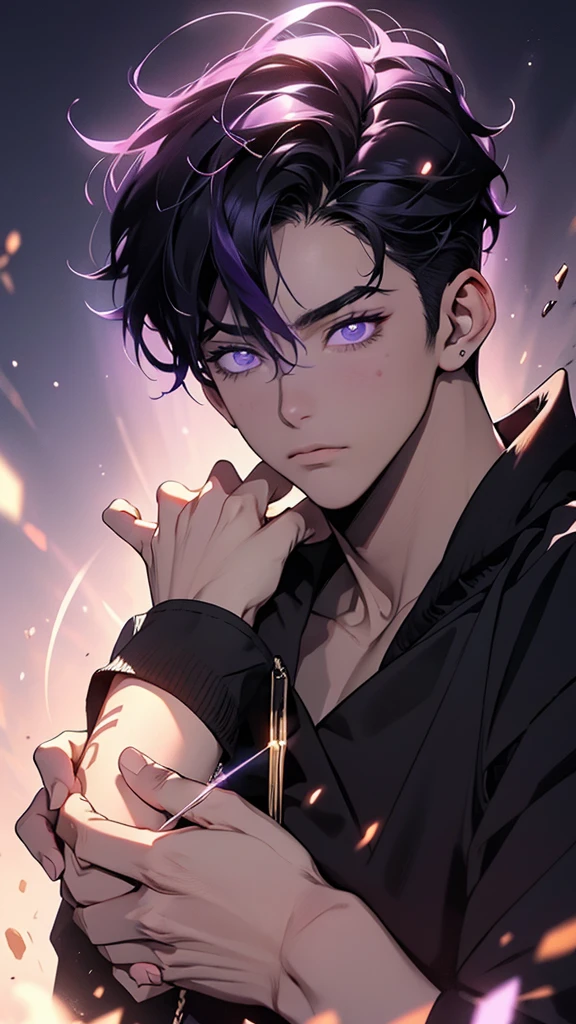homem artista marcial,olhos azuis,meditando,foco masculino,olhando para o espectador,6+Rapazes,brilhante,tema roxo,brilhante eyes,cabelo roxo claro,1 ,boca fechada,cabelo curto,mascarar,