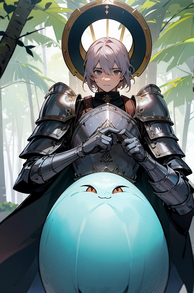 Uma borboleta guerreira sexo masculino. He is in the middle of the forest looking at the viewer, he is wearing plate armor