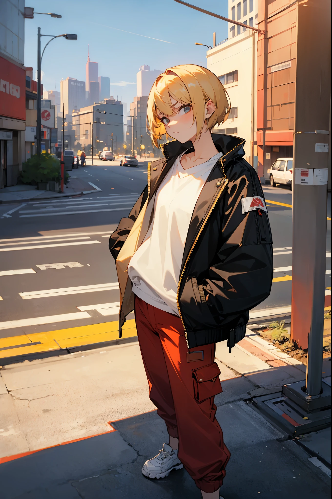 1female, blonde hair, two toned hair, blonde and black hair, short hair, undertone, annoyed expression, casual clothing, baggy jacket, red pants, white undershirt, city background, standing on path, hands to side