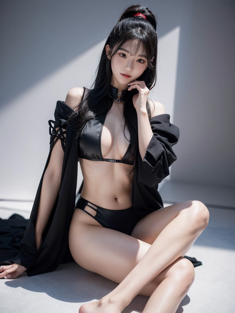 A Korean girl is posing in a photo studio, she wears a goth cat outfit, wavy black hair blowing in the wind. She's a men's magazine model, with a subtle smile, flirting with the camera, (in evening light: 1.2), , perfect eyes, perfect hands, perfect body, perfect hair, perfect chest, hair behind the ear, UHD, Retina, masterpiece, precise, anatomically correct, textured skin, super detailed, high details, good quality, award-winning, best quality, high-res, 16k, 8k. fullbody
