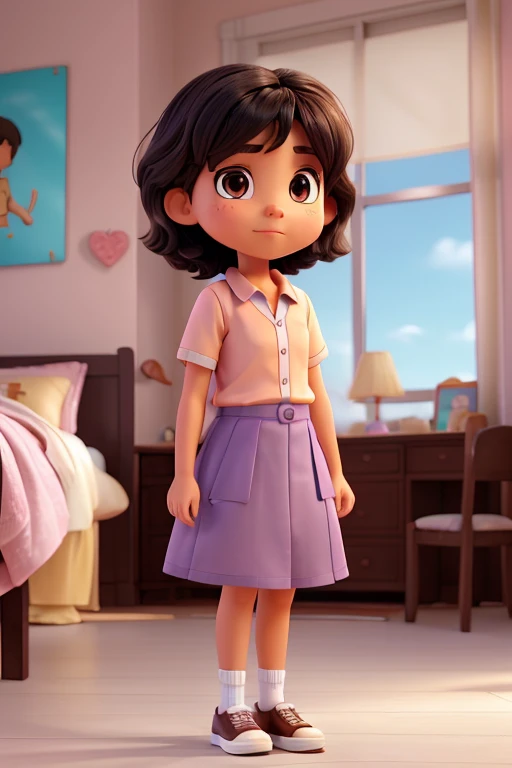 A 9 years girl with short black hair, light skin and brown eyes, a lilac shirt, a turquoise skirt, white shoes