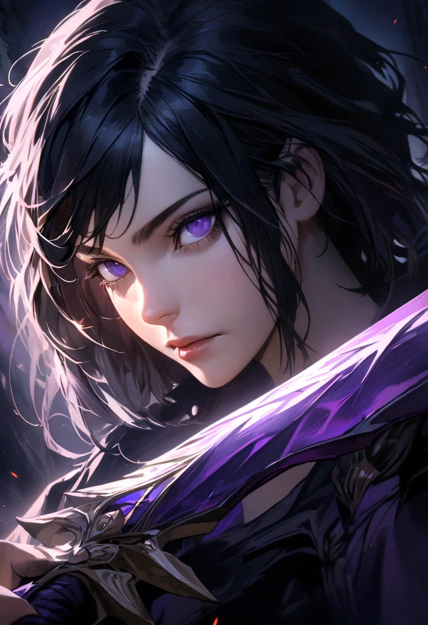 a woman with black hair and white streaks holding a large purple sword, detailed face and eyes, fantasy portrait, highly detailed, digital painting, cinematic lighting, dramatic colors, epic, masterpiece