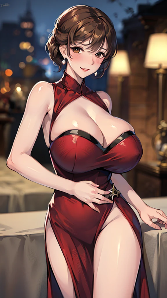 resident Evil,Ada.king,Red bottom bust dress,Slender,Black short hair,Brown eyes,earrings,Sexy,Huge chest chamber,cleavage,Hand Grip,Metallic sniper rifle,night,village,lipstick,Smile,Sweat,Blushing