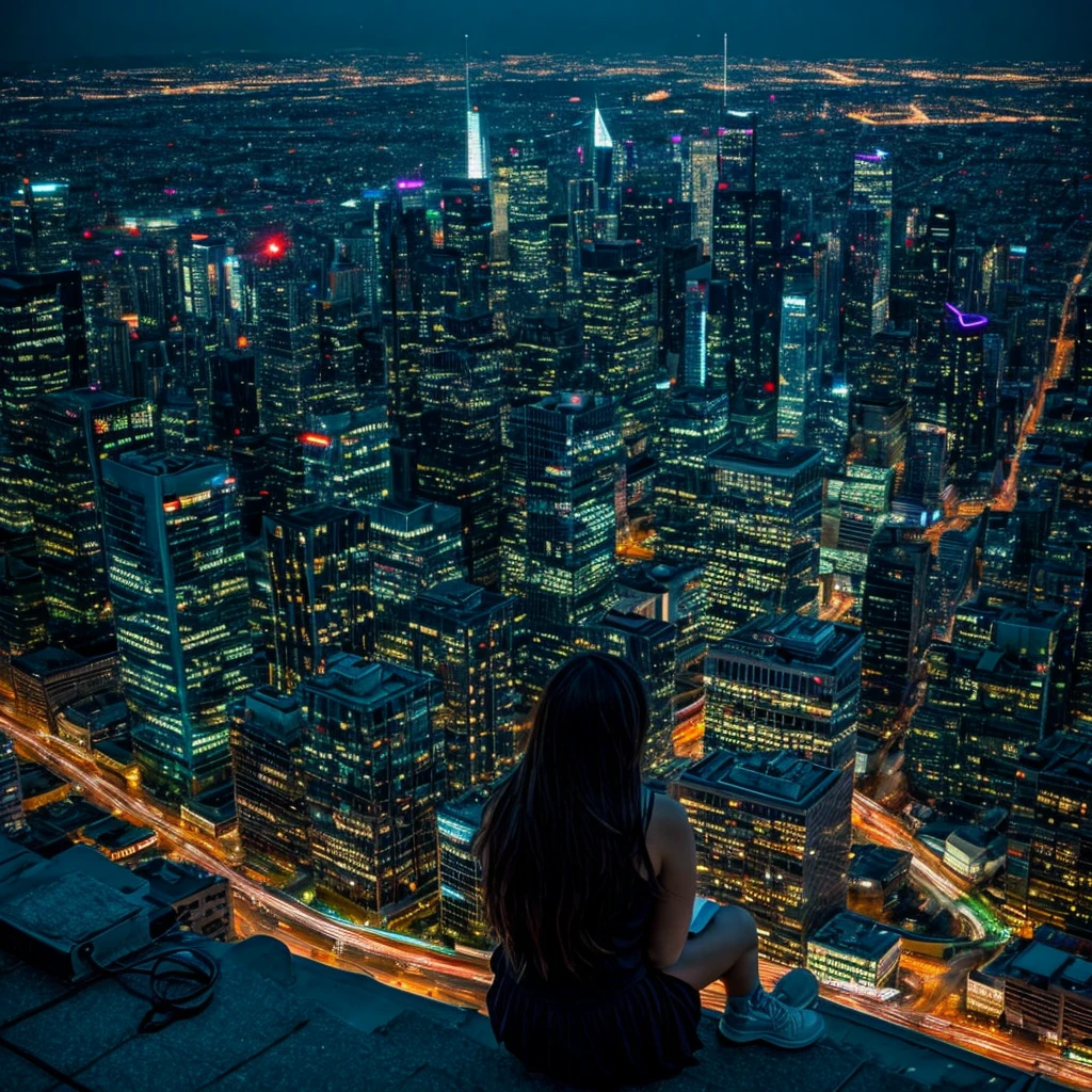 "City rooftop at night、Lined with skyscrapers、The cityscape spreads out with neon lights and street lamps.。You can see the starry sky and the night view.、A young woman sits on the edge of a rooftop、Swinging my legs, I stare at the distant city lights。Notebooks and pens are scattered around her.、Symbols of musical notes and melodies emerge faintly.。Her hair flutters in the wind、The starlight and neon lights softly illuminate her.。Skyscrapers and neon lights shine in the background.、The cityscape below is illuminated by car headlights and street lamps.。Many stars shine in the night sky。The color scheme is based on deep night blue and purple.、Bright neon colors are used as accents.、Starlight and neon lights gently illuminate the woman and her surroundings.。Overall quiet and peaceful、Expressing a personal moment in the hustle and bustle of the city、Dreams and Hopes、It creates a fantastical atmosphere of solitude and self-discovery.。"", High resolution, masterpiece, highest quality, Intricate details, Very detailed, Clear focus, Delicate skin, practical skin texture, texture, Delicate eyes, Professional, 4K, Shot with Canon, 85mm, Shallow and deep, Kodak Vision Color, Exactly, Very detailed, photograph_\(Extremist\), photographpractical, practical, Post-processing, Maximum details, Roughness, Real Life, Extremist practical, Photorealism, photographgraphy, 8K Ultra HD, photographgraphy