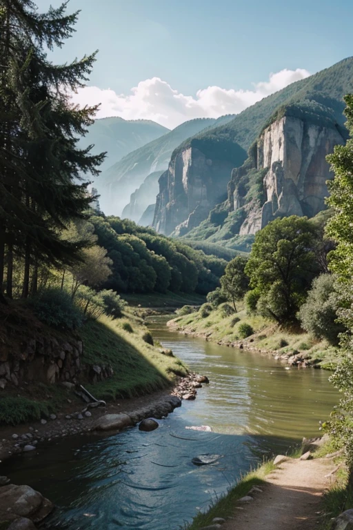 Beautiful prehistoric landscape with a river and dinosaurs