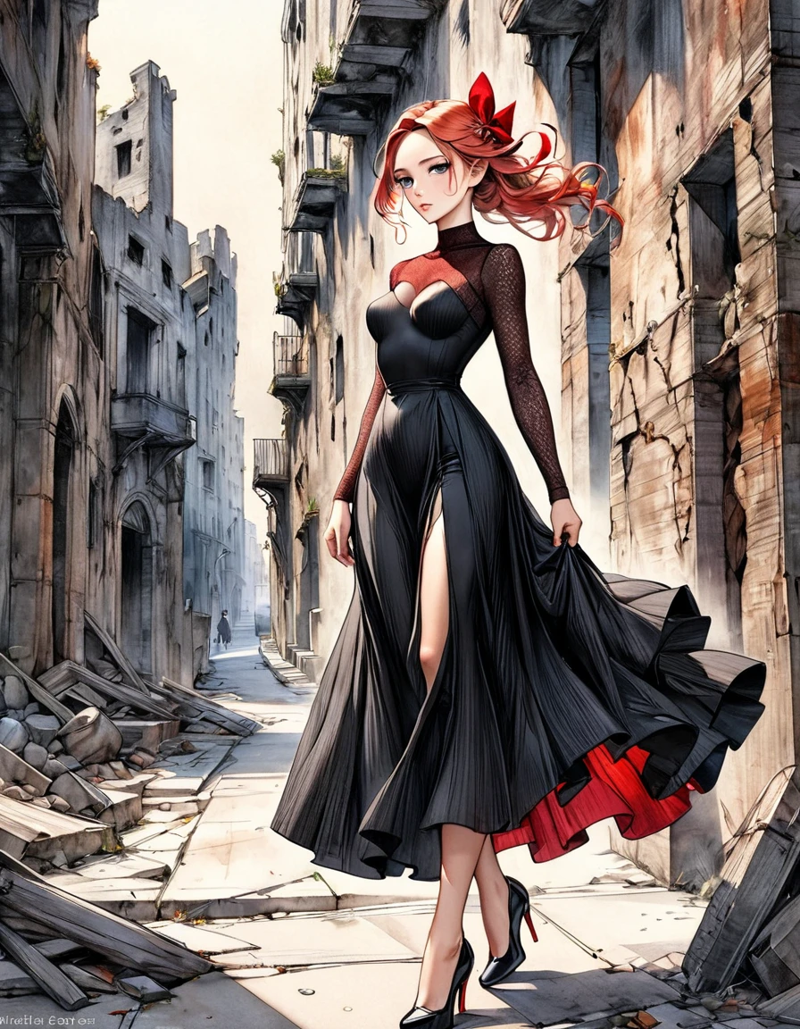 {Amanda Sage Camilla Sanchez Edgar Degas} very fine drawing cartoon sketch art pastels watercolor pencil sketch  all black red terror rich deep color bright palette. perfect full body composition wonderful sexy sad woman luminous face sensual allure walking city ruins masterpiece smooth smart focus