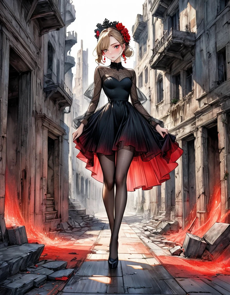{Amanda Sage Camilla Sanchez Edgar Degas} very fine drawing cartoon sketch art pastels watercolor pencil sketch all black red terror rich deep color bright palette. perfect full body composition wonderful sexy sad woman luminous face sensual allure walking city ruins masterpiece smooth smart focus