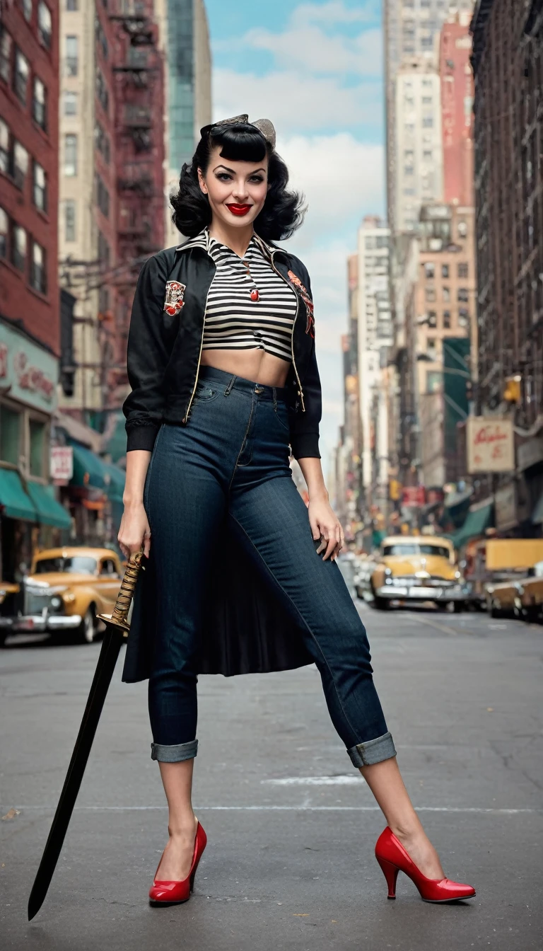 /imagine prompt: A young woman in her 30s, 1.80m tall, fair skin, black wavy hair styled in a 1950s rockabilly pin-up with bangs, red lips, striped t-shirt, varsity jacket, black denim jeans, and 1950s feminine shoes. The background features 1950s New York City on a cloudy afternoon, with the woman smiling at the camera. She is a demon hunter from the 1950s, dressed in rockabilly fashion, carrying a large sword on her back. Photography, using a 50mm lens to capture the detailed retro style and urban setting, --ar 16:9 --v 5