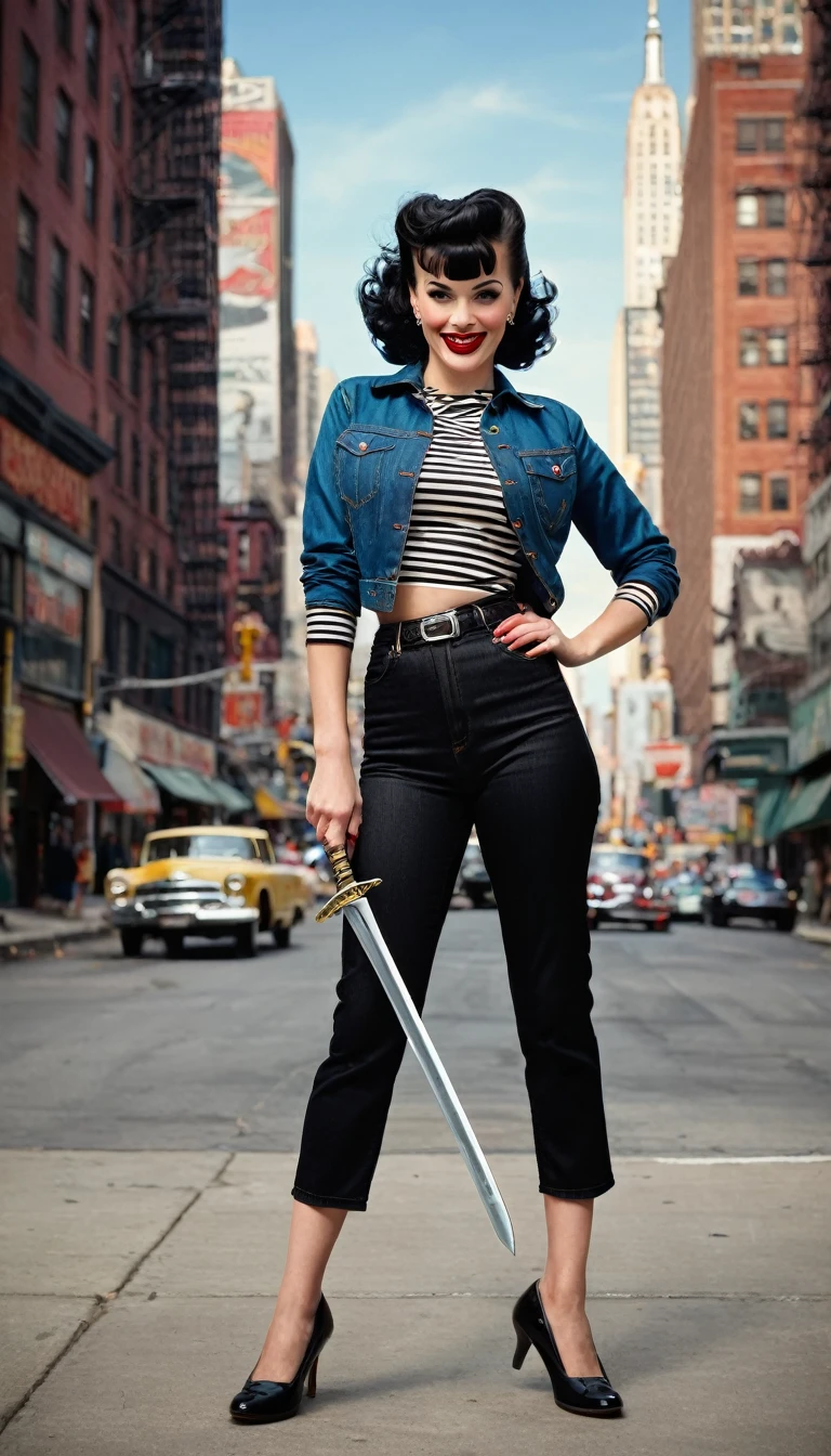 /imagine prompt: A young woman in her 30s, 1.80m tall, fair skin, black wavy hair styled in a 1950s rockabilly pin-up with bangs, red lips, striped t-shirt, varsity jacket, black denim jeans, and 1950s feminine shoes. The background features 1950s New York City on a cloudy afternoon, with the woman smiling at the camera. She is a demon hunter from the 1950s, dressed in rockabilly fashion, carrying a large sword on her back. Photography, using a 50mm lens to capture the detailed retro style and urban setting, --ar 16:9 --v 5