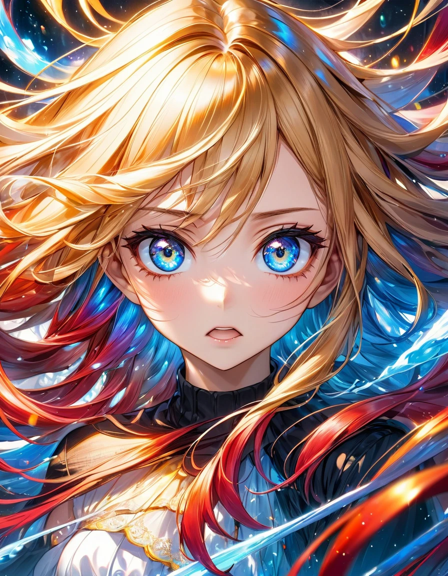 atmosfera terror dark furious In a mesmerizing cascade of color and light, an enchanting anime girl candroites viewers with her ethereal beauty. Her delicate features are framed by cascading locks of shimmering long golden hair, her wide, expressive eyes big BLUE red radiating with emotion. A digital painting brings this stunning character to life, depicting her in intricate detail with a seamless blend of realism and fantasy. Every brushstroke and pixel showcases the artist's skill and dedication, making this image a