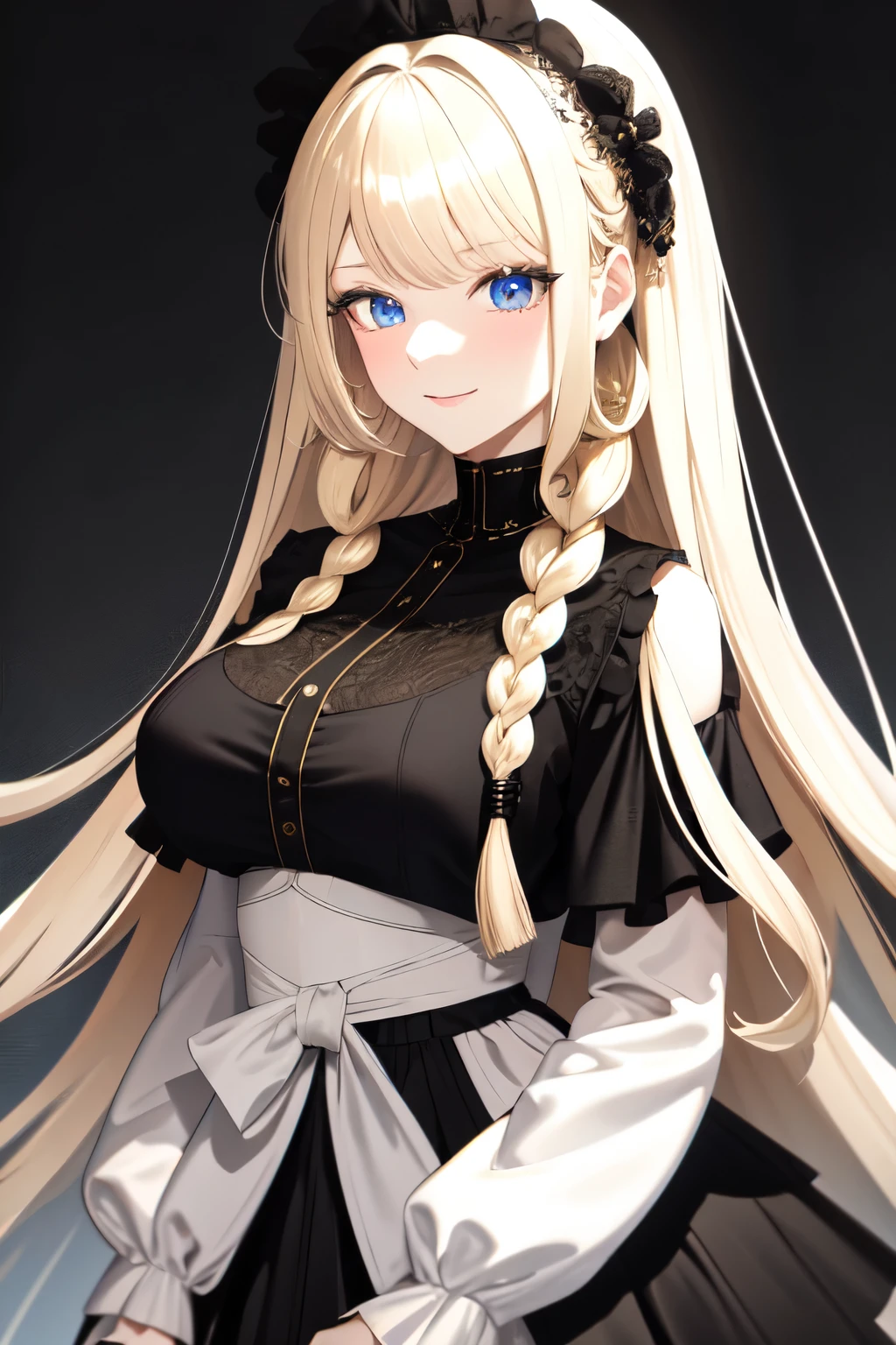 edgCT, blouse, wearing edgCT, chic top, wedding ring, black skirt,, ultra detailed, masterpiece, best quality, aesthetic, detailed,, solo, soft smile, light smile,
1girl, blue eyes, very long hair, blonde hair, long blonde hair, french braid, bangs, medium breasts,