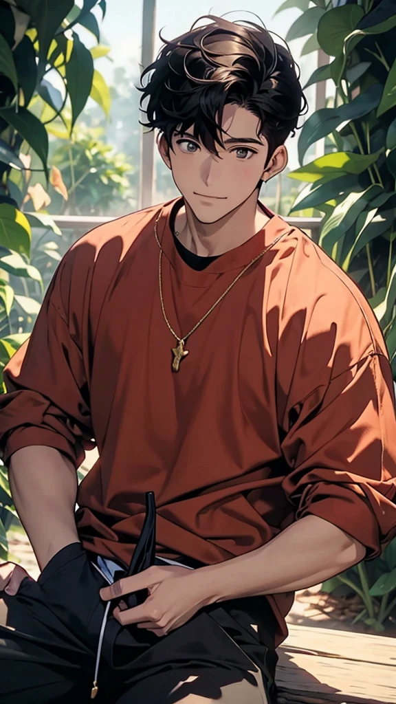 estilo anime, homem cultivando, artista marcial olhar penetrante sorrindo, faiscas ao redor, cor roxa