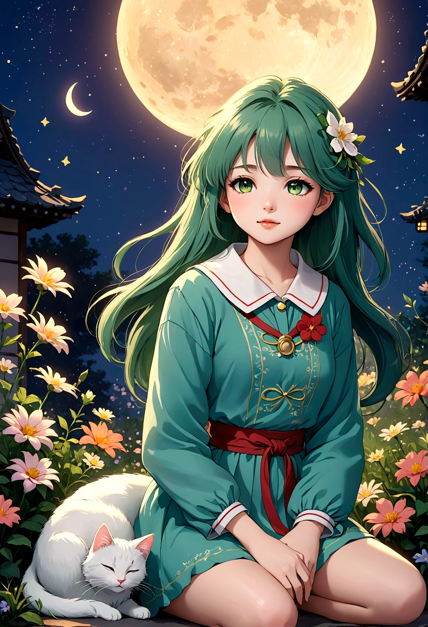 anime character,Woohoo,green hair,shirt collar,anime character,Woohoo,green hair,shirt collar, "In a magical nighttime setting illuminated by a soft glow of the crescent moon, a beautiful and cute girl is dozing off. She sits cross-legged on the ground, surrounded by flowers, with her mouth slightly open in a serene expression of sleepiness. The ambiance is peaceful, with the colors toned down to create a dreamlike atmosphere. The girl's outfit, hairstyle, hair color, skin tone, shoes, and any hairpins she might be wearing are reminiscent of the gentle and warm qualities seen in a previous depiction. Next to her, a cute white cat also shares this tranquil moment, adding to the warm, heartwarming atmosphere. Rendered in Japanese anime style, this scene aims to capture a moment of quiet beauty and magical essence, with the girl and cat surrounded by a vibrant, yet softly toned, colorful sky filled with twinkling stars and a crescent moon.“